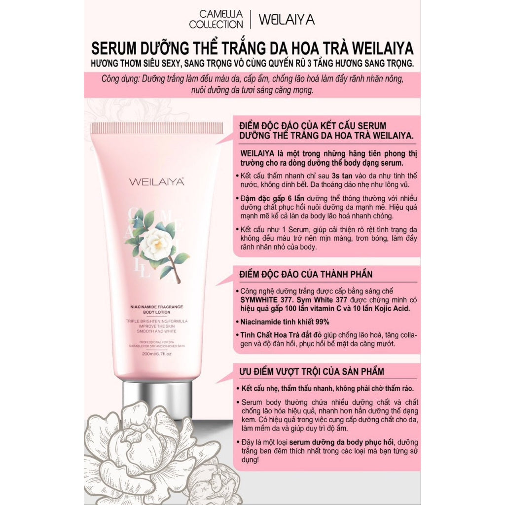 Kem body tone-up dưỡng trắng da Weilaiya Hoa Trà – Dưỡng ẩm & nâng tông tự nhiên bảo vệ làn da sáng mịn