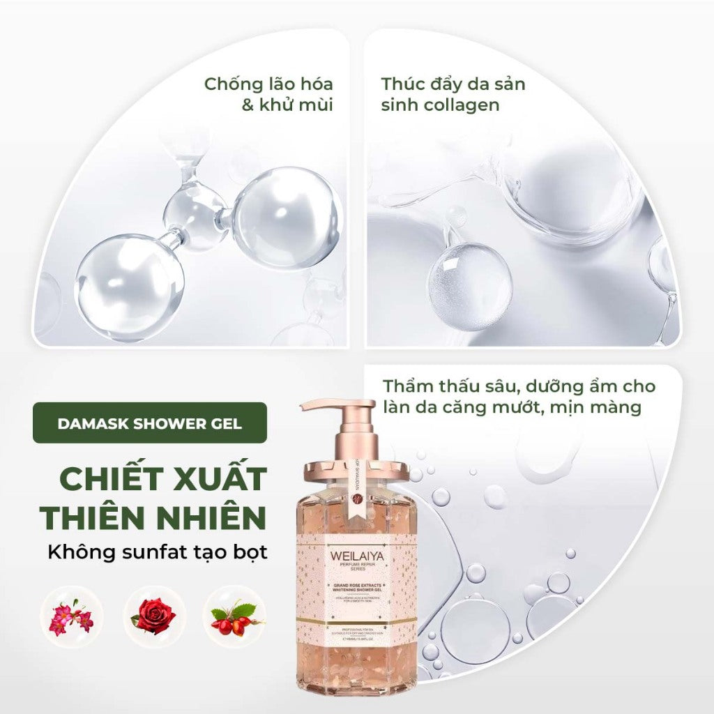 Sữa tắm dưỡng trắng da Weilaiya Hoa hồng Damask – Làm sạch & dưỡng sáng da toàn thân