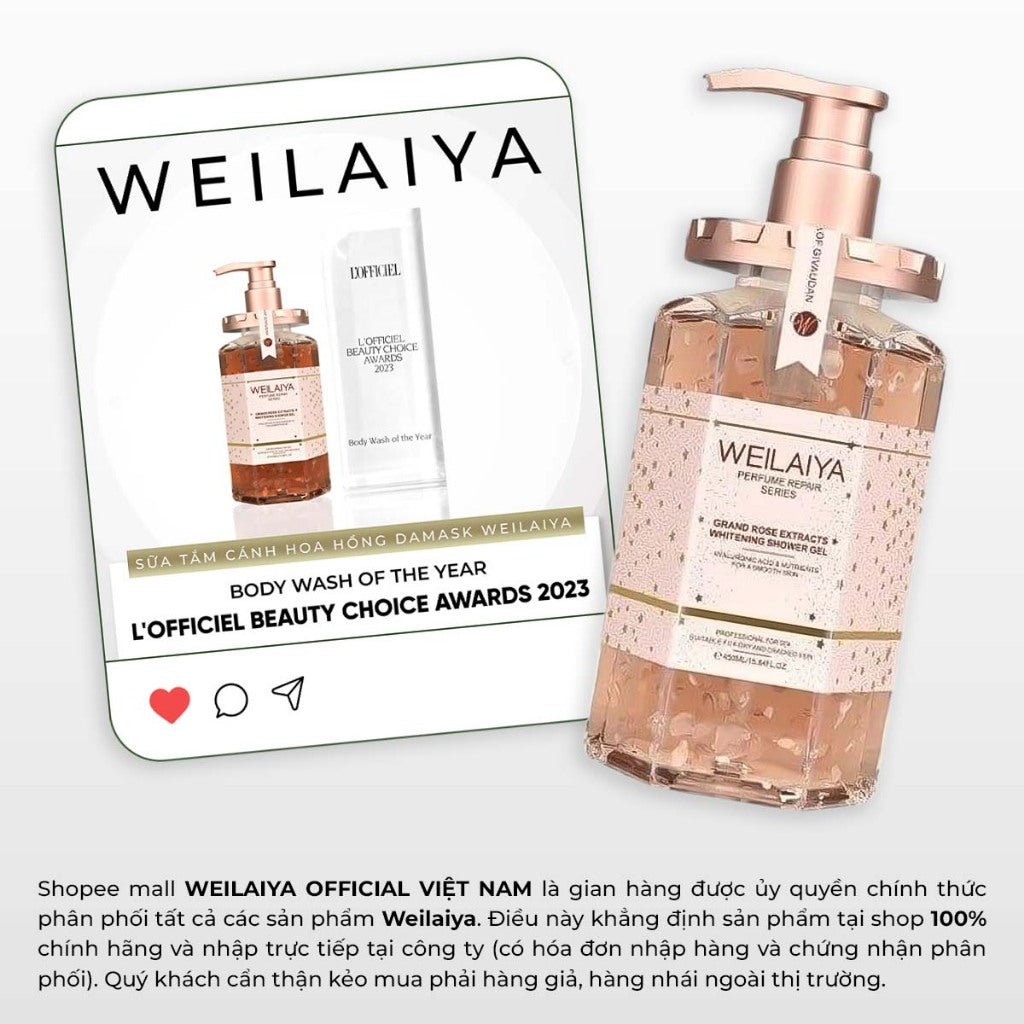 Sữa tắm dưỡng trắng da Weilaiya Hoa hồng Damask – Làm sạch & dưỡng sáng da toàn thân