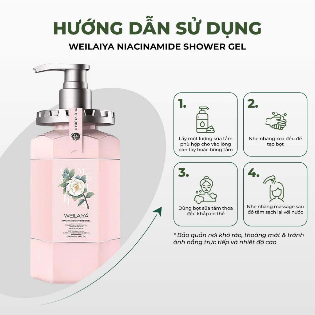 Sữa tắm dưỡng trắng da Weilaiya Hoa trà Niacinamide – Làm sạch & dưỡng sáng da tự nhiên