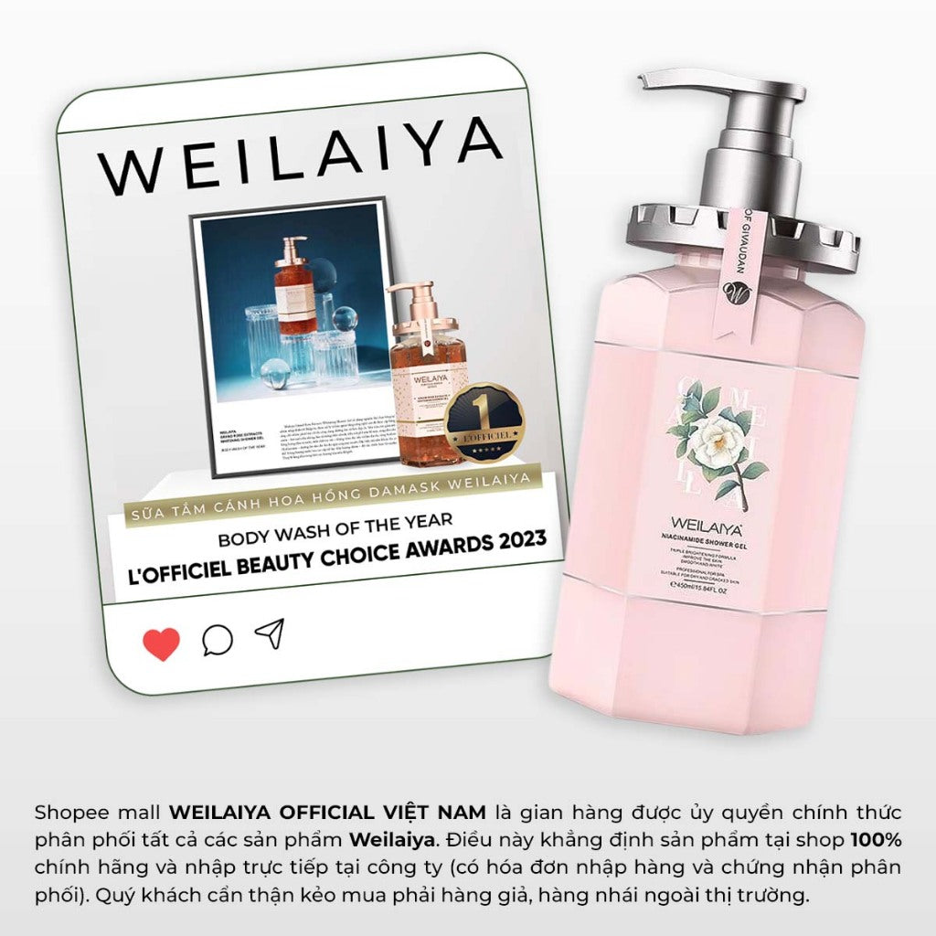 Sữa tắm dưỡng trắng da Weilaiya Hoa trà Niacinamide – Làm sạch & dưỡng sáng da tự nhiên