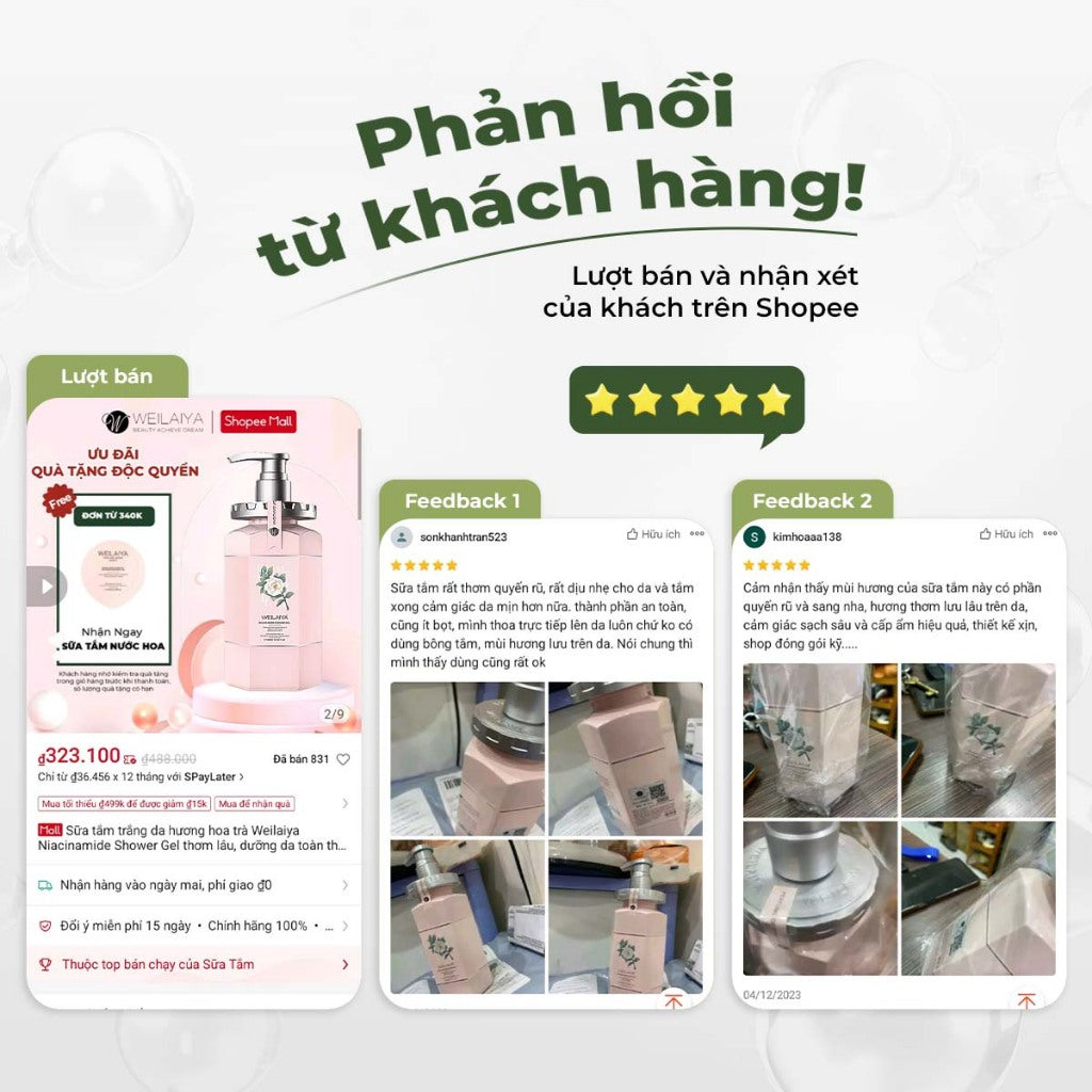 Sữa tắm dưỡng trắng da Weilaiya Hoa trà Niacinamide – Làm sạch & dưỡng sáng da tự nhiên
